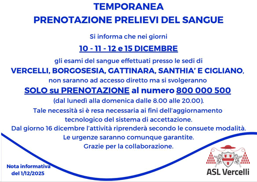 comunicazione ASL per prelievi del sangue